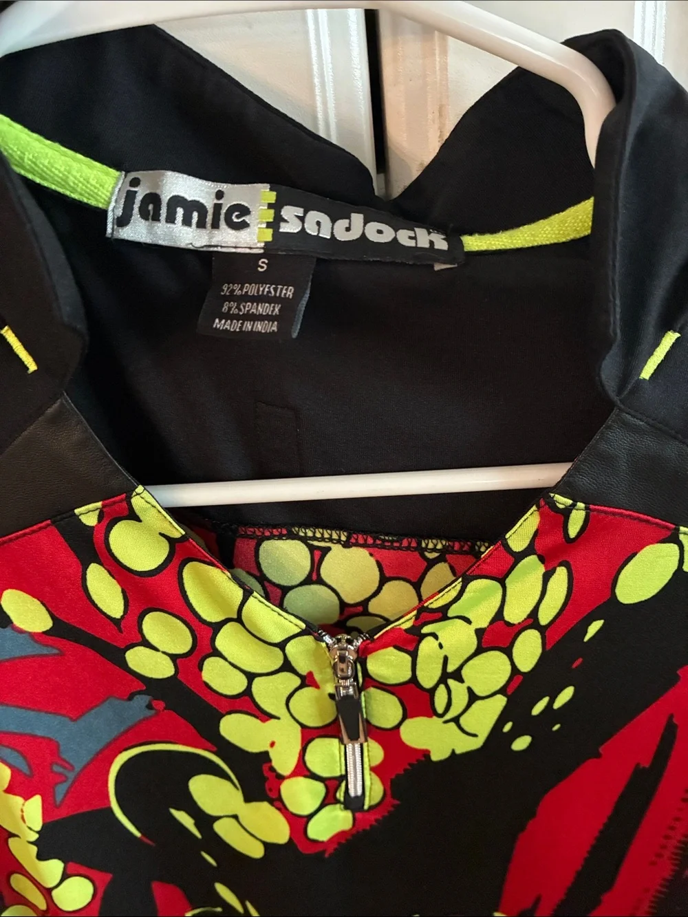 Jamie Sadock Black Golf Top with Red and Neon Yellow Abstract Print Golf, Size S - Picture 2 of 11